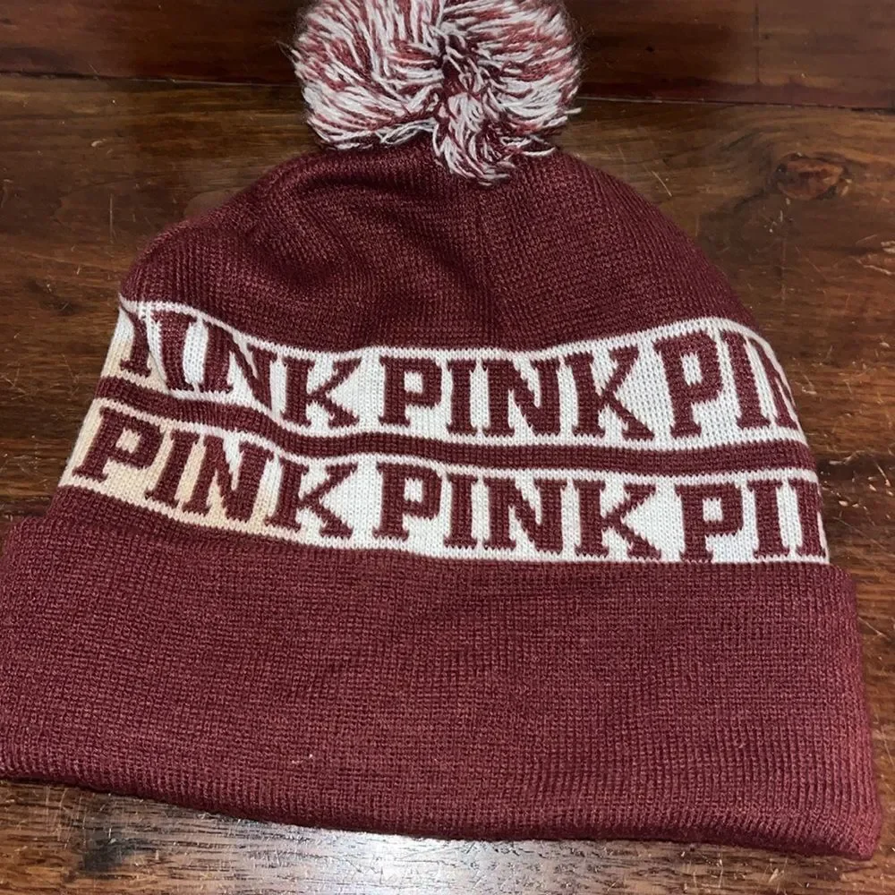Victoria's Secret PINK Pompom Logo Knit Beanie Tobbogan Toque cap hat 2 tone